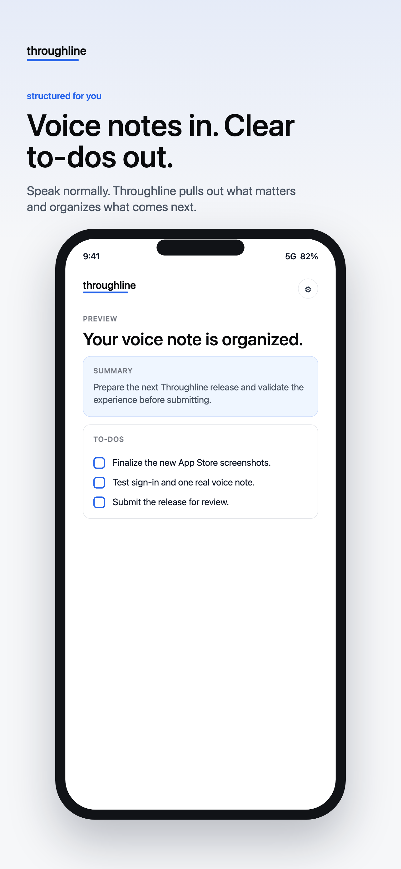 A structured note and to-dos shown in Throughline public App Store creative.